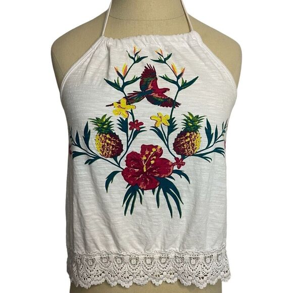 Element Y2K Halter Top Whit Lace Trim Floral Bird Size Medium - Picture 1 of 10